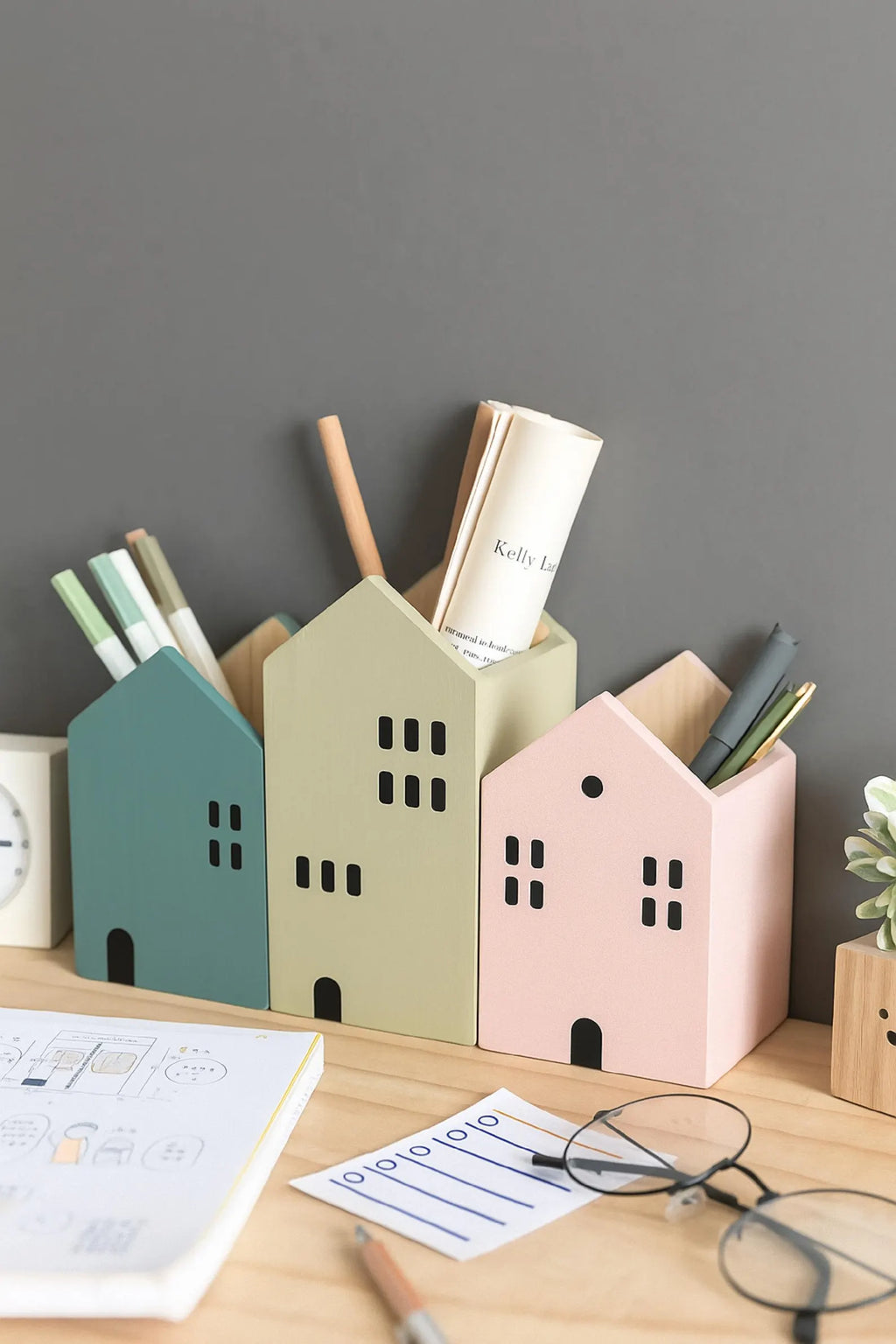 Wooden House Pen Holder